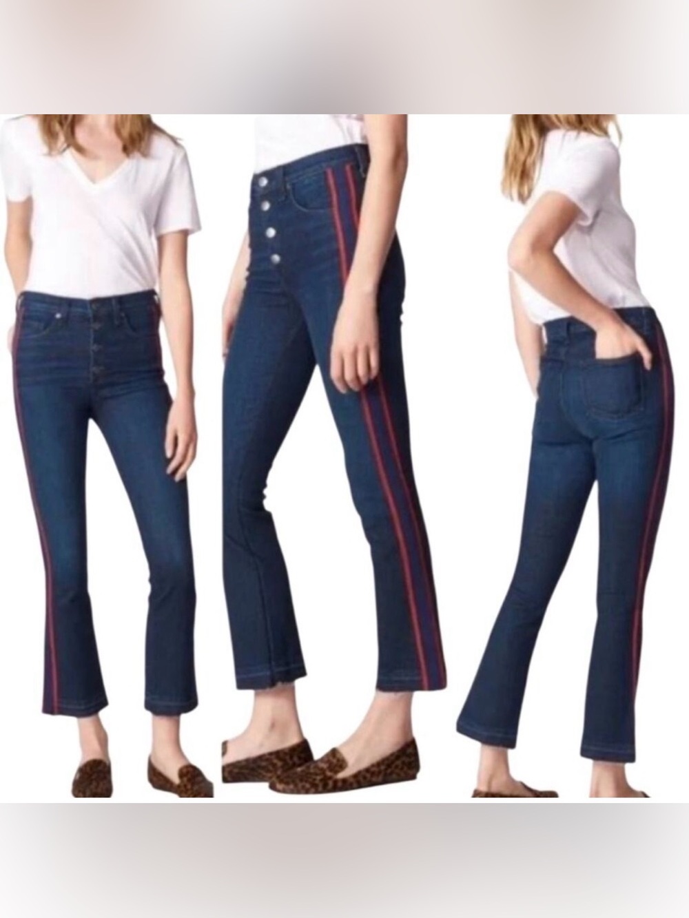 Veronica Beard Dark Blue High-Rise Cropped Jeans with Red Side Stripe